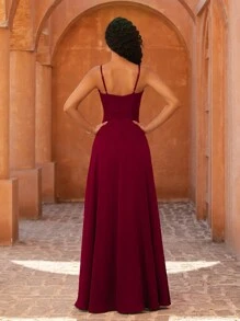 MOEVIO 性感吊带心形领口垂褶开衩露背正式婚礼宾客派对礼服，适合新娘送礼会、生日、毕业典礼等场合，女士奢华晚礼服，女士生日装，秋季返校季连衣裙，春季优雅 - 酒紅色 - 查看 3