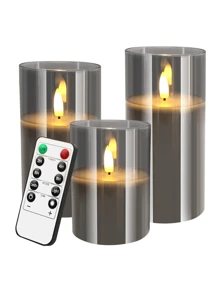 3pcs Battery Operated LED Flameless Candles, Plastic Wax Pillar Candles With Remote Control And Timer, Battery Powered Candles (Grey) - Grey - View 1