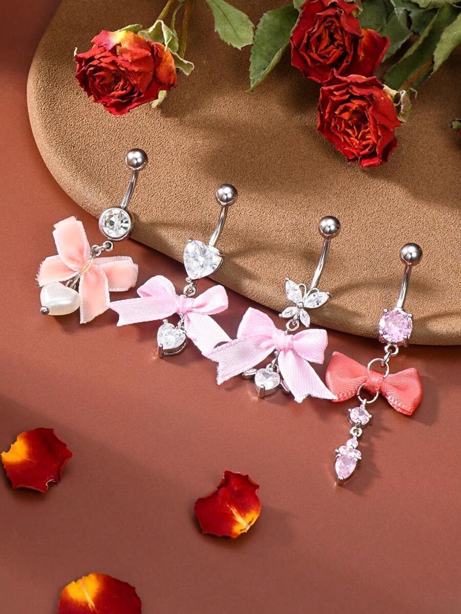 2 chiếc khuyên rốn 14G, thanh thép không gỉ hình bướm hồng, nơ trang sức xỏ rốn đính đá Cubic Zirconia và pha lê Rhinestone hình nơ hồng, giọt nước, trái tim dễ thương, quà tặng sinh nhật cho người yêu 10mm, lễ hội âm nhạc - có màu bạc - Xem 1