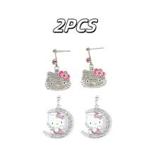 Sanrio 1 Pair Of Exquisite And Beautiful Earrings, Sanrio Earrings, Cute KT Cat, Alloy Material, With Red Bow And Diamond Pattern On It, Fashionable And Cute, Suitable For Various Occasions (Party, Festival, Leisure, Outdoor Decoration) Diy Earrings, Can Be Given As Holiday Gifts, (Christmas, Valentine's Day),Mom,Mother,Mother's Day,Gift