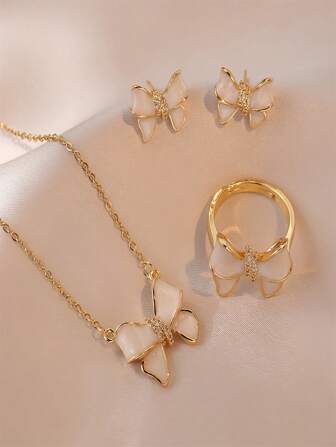 甜美蝴蝶结独特设计吊坠项链套装，钛钢项链，情人节礼物