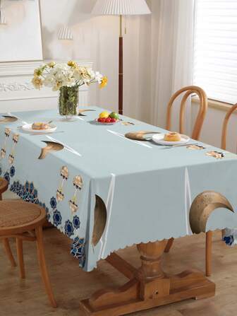 1 块防水防油矩形桌布，适用于开斋节庆祝活动，现代数码印刷节日图案设计，适合室内和室外餐桌装饰