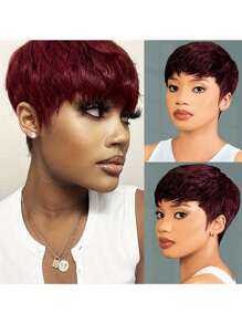 99J Pixie Cut Human Hair Wig 4-Inch 180% Density 99J Brazilian Remy Human Hair Wigs Glueless Human Hair Short Straight Style Hair Soft & Breathable Perfect For Parties And Daily Wear