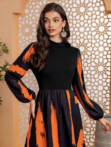 Women's Contrast Patchwork Tunic Waist Elegant Long Sleeve Robe Abaya Modest Kafftan Jalabiya Arabian Dresses - Black - View 6