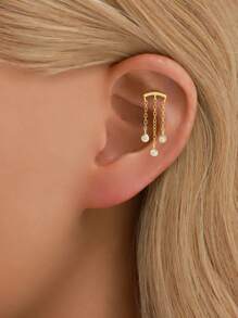 IN Z 1件浪漫锆石流苏螺旋唇钉 | 925纯银镀金低过敏性扁平耳骨耳环 | 耳夹耳环 | 男女皆宜，日常佩戴 | 适合派对、新娘首饰、精致首饰、情人节 - 3流蘇+3圓鑽平底耳釘 - 查看 6