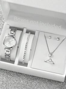 6 件/套女士石英腕表，搭配简约印花表盘和精致不锈钢表带，时尚奢华风格手表 + 珠宝配饰套装（不含手表盒） - 銀色 - 查看 1