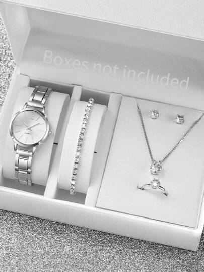 Conjunto de 6 relógios de pulso de quartzo femininos com mostrador minimalista impresso e delicada pulseira de aço inoxidável, relógio de estilo luxuoso e moderno + conjunto de acessórios de joias (caixa de relógio não incluída)