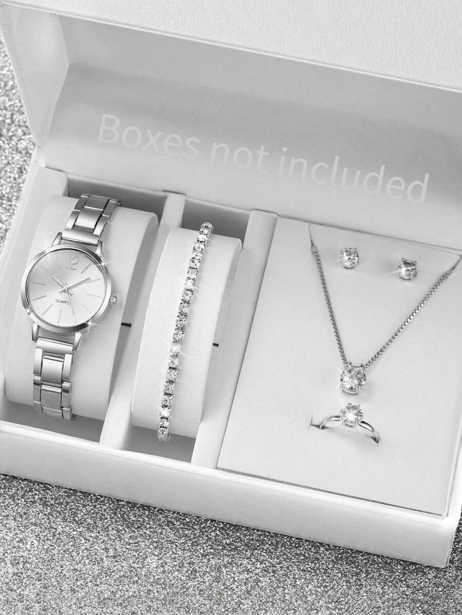 6 件/套女士石英腕表，搭配简约印花表盘和精致不锈钢表带，时尚奢华风格手表 + 珠宝配饰套装（不含手表盒） - 銀色 - 查看 1