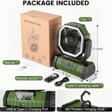 BDQ Ventilador de camping portátil a batería con linterna LED, recargable de 20000 mAh, oscilante con gancho para colgar en tiendas de campaña, inalámbrico, USB, de escritorio. - Verde militar - Ver 7