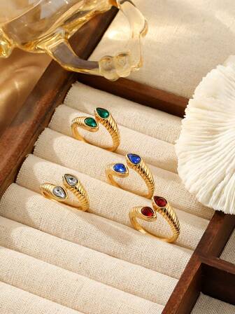 1 pieza Anillo de doble gota en forma de serpiente con perlas de acero inoxidable chapado en oro de 18K para mujeres, elegante y sofisticado, adecuado para fiestas casuales, citas, compromisos y bodas.