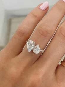 1 pieza Anillo de plata de ley 925 con gota de agua personalizada y circonita cúbica, joyería de moda para mujer, joyería exquisita, regalo de fecha para mujer - Anillo de diamantes con doble caída de pera - Ver 2