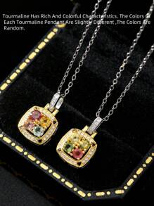 1 PC Natural Gemstone Tourmaline Necklace Colorful Square Necklace  Simple Fashion Pendant Necklace For Women, S925 Silver Plated With 18k Gold, Gemstone With Flawless Clarity And Full Fire Color, Tourmaline Random Color