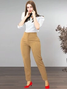 Pantalón con pinzas de cintura alta para dama - Camel - Ver 3