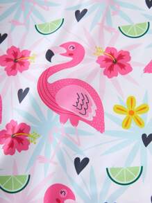 Young Girl Cute Flamingo Print Long Sleeve Rash Guard Swimwear - Red and White - View 7