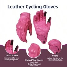 Pink Leather Touch - Screen Motorcycle Gloves: Cold - Resistant, With Protective Pads For Women - 粉色 - 查看 6
