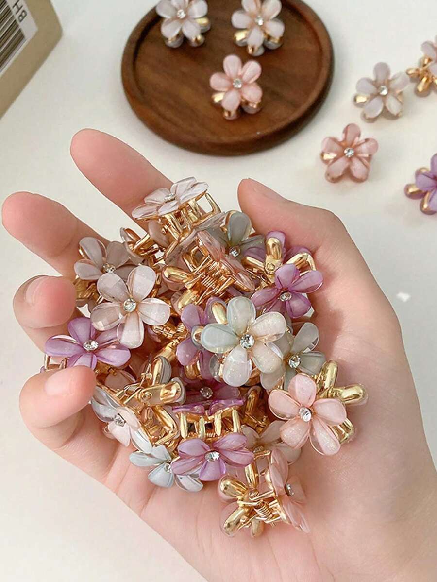5 件金属水晶花发夹，五瓣花夹，女孩精致前刘海，迷你侧夹头饰，花爪 - 彩色 - 查看 1