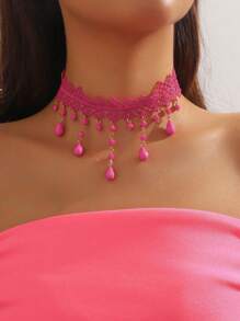 1pc Sexy Orange Crystal Teardrop Lace Trim Necklace, Versatile Colorful Necklace For Women To Wear For Spring Parties & Events - Choker Necklace - View 3