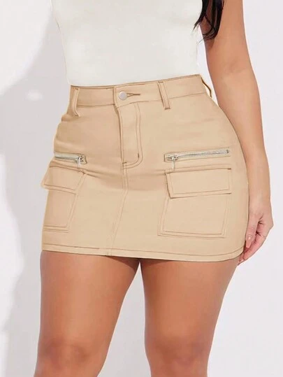 女士休闲街头风春夏卡其色拉链装饰贴袋修身工装迷你裙，适合日常穿着和度假穿着。
