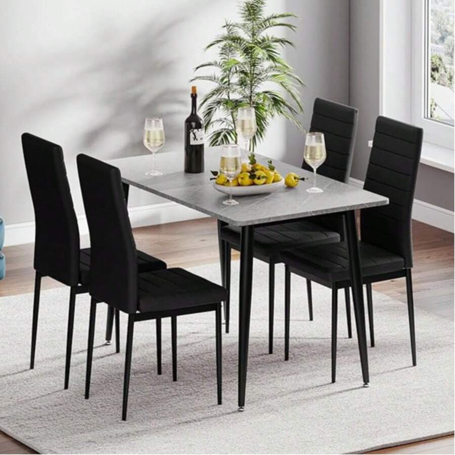 Dining Table And Chairs Set Of 4, 120CM Marble Effect Dining Table With 4 Faux Leather High Back Dining Chairs,Modern Dining Table Set For Home/Kitchen Office - Black Chair + Gray Table - View 1