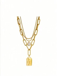 1 Peça Colar De Aço Inoxidável Pingente Multi-camadas De Alta Qualidade Fashionable E Único De Rosto Multicamadas Estilo Vintage