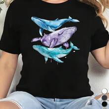 Watercolor Whales Trio Women's Plus Size Sports Short Sleeve Casual T-Shirt