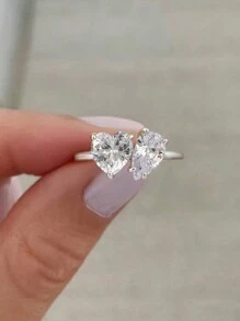 1 件 925 纯银个性化心形梨形双钻戒指女士珠宝精美珠宝礼物女士约会 - 心形水滴鑽戒指 - 查看 1