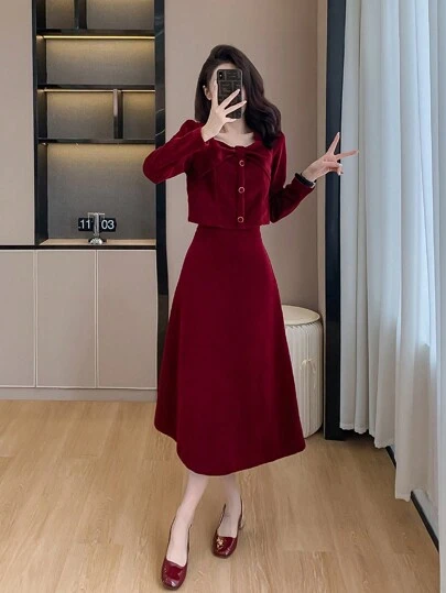 RUIWY 2 件套红色格子蝴蝶结装饰修身灯芯绒夹克和迷你裙，时尚优雅，春季