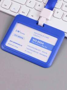 1pc Double-Sided ID Badge Holder With Lanyard, Work ID Card, Employee ID Card, Student ID Card - Blue - View 1
