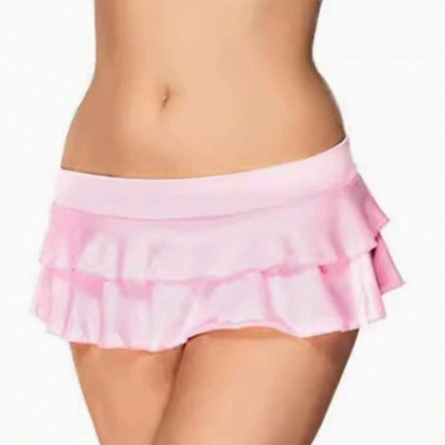 Women's Mini Skirt Low Waist Solid Color Lingerie Skirt Ruffle Hem Skirt Role Play Schoolgirl Costume - Pink - View 1