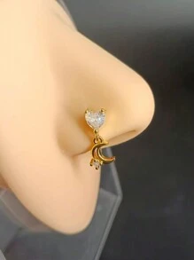 1pc Heart Moon Pendant With Micro-Inlaid Synthetic Cubic Zirconia Nose Piercing Jewelry, Unique Nose Ring