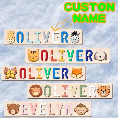 [Customized Puzzles] Personalized Name Puzzle, Wooden Name Puzzle, Animal Element Style, Ideal For Baptism, Birthday, Christmas, New Year Gifts, Support English Letters Only, Exquisite 1st Birthday Gift Suitable For Boys And Girls,Multi-Functional,Reusable,Ornamental,Exquisite,Stylish,Adorable,Colorful,Cute,Funny,Custom,Personalized,Customized,Unique,Ideal Gifts For Her,Ideal Gifts For Him,For Anniversaries,For Birthdays,Kids Puzzles