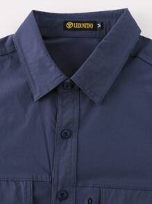 LEDUNTINO [Spring/Summer] Men's Fashion Button Casual Outdoor Shirt, Solid Green, Sports, Cargo, Husband, Boyfriend Gift, Men's Long Sleeve Shirt, Multi-Pocket, Elastic, Lapel Shirt With Zipper Pocket, Spring/Fall Clothes - Blue - View 4