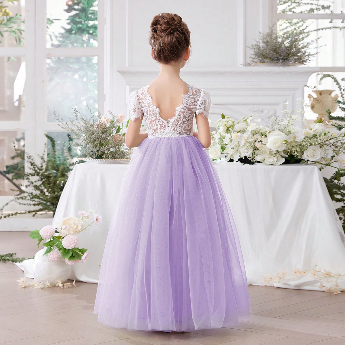 Vestido de fiesta de malla con cuello en V y ribete de encaje, vestido de princesa elegante de color lavanda, adecuado para fiestas de cumpleaños de
