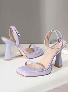 Reitoye Elegant Platform High Heel Sandals For Women Summer Square Toe Chunky Heel,  Fashion Ankle Strap Purple Heels Soft Leather Comfortable Versatile Snakeskin Pattern High Heels, Increase Height & Leg Length, Solid Color Casual Comfortable Women Shoes For Party Wedding Date - 蛇皮紋紫色 - 查看 2