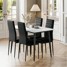 Dining Table And Chairs Set Of 4, 120CM Marble Effect Dining Table With 4 Faux Leather High Back Dining Chairs,Modern Dining Table Set For Home/Kitchen Office - Black Chair + White Table - View 3