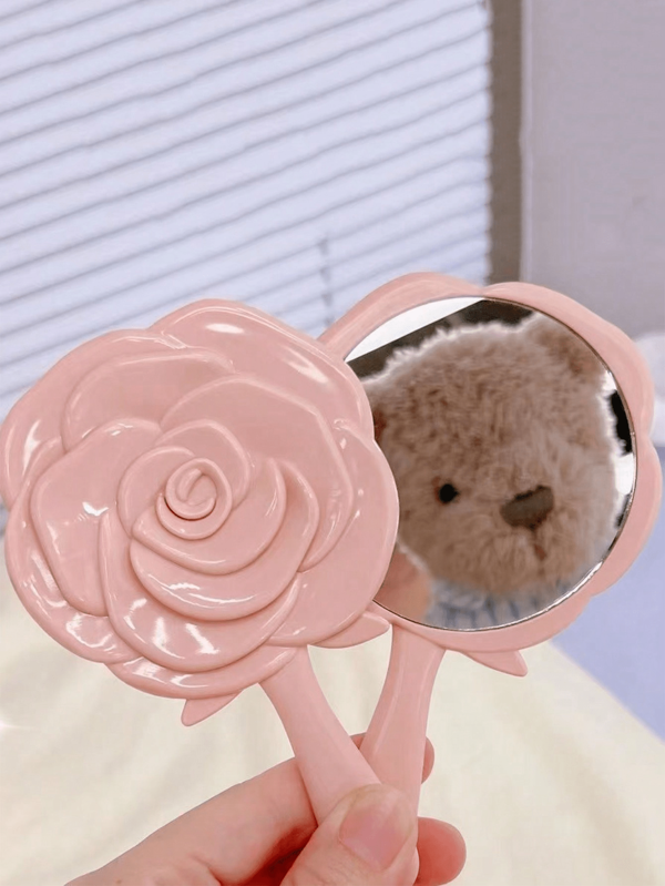 2pcs/1pc Retro European Style Rose Flower Hand-Held Mini Mirror, Cute Portable Mirror, Creative Plastic Mirror For Beauty Makeup, Cosmetic Handheld Mirror, Pocket Mirror, Compact Mirror