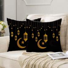 2pcs Ramadan Decoration Black Cushion Cover With Gold Moon Design (Pillow Insert Not Included), Square Pillow Case For Home Decor, Living Room, Sofa, Bedroom - Multicolor - View 4