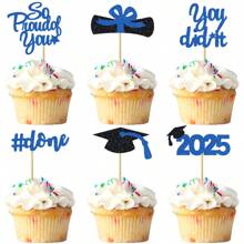 Set de 12/24 decoraciones para cupcakes de graduación 2025 con lentejuelas "Muy orgullosos de ti", borla de diploma, birrete de graduación. Decoraciones para torta y fiesta de graduación 2025