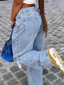 Street Style Y2k New Hot Selling Loose Casual All-Match Slimming Knee Hole Slim Straight Tapered Jeans Mom Denim Pants - 淺色水洗藍 - 查看 6