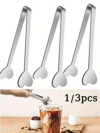 1/3 件心形迷你夹子不锈钢小夹子可爱爱心夹餐厅水果沙拉夹家用面包夹冰夹咖啡方形糖夹硅胶冰夹耐热食物夹厨房小工具和家庭烹饪配件