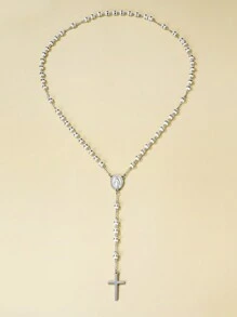 1pc 6mm Gold & Black Virgin Mary Stainless Steel Rosary Necklace, European & American Style Cross Pendant, Suitable For Couples Everyday Wear