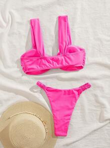 New Solid Color Soft Padded Wide Strap Pleated Sexy Bikini Set, Summer Beach Fashion Swimwear For Women