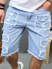 Men's Washed Blue Classic Skinny Denim Shorts, Men's Elastic Distressed Denim Shorts, Men's Casual Jorts, Emo Style - Light Wash - View 4