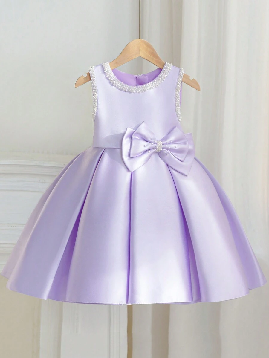 小女孩紫色无袖公主裙,适合女孩、婚礼、生日派对、正式场合的花童裙 - 紫色 - 查看 1