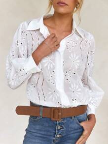 Vaiaye Women's Shirt, Embroidered Solid Color Tie Long Sleeve White Blouse, Suitable For Carnival, Daily Wear, Travel, Mother's Day, Birthday And Beach Party - White - View 6