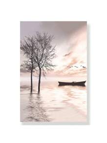 1 pieza Impresión en lienzo de paisaje marino, póster de playa con puente de madera, flor de heno, arte de pared pintura estilo nórdico para decoración de sala de estar sin marco