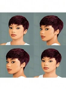 99J Pixie Cut Human Hair Wig 4-Inch 180% Density 99J Brazilian Remy Human Hair Wigs Glueless Human Hair Short Straight Style Hair Soft & Breathable Perfect For Parties And Daily Wear