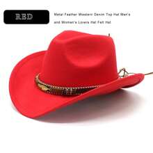 Western Cowboy Hat Faux Felt Leather Wide Brim Hat Classic Outdoor Travel Cap With Strap For Halloween Adult Men Women Cowgirl Costume - 紅色 - 查看 3