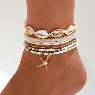 7pcs/Set Women Bohemian Style Starfish Braided Anklet, Sea Shell Bead Anklet For Spring/Summer Beach