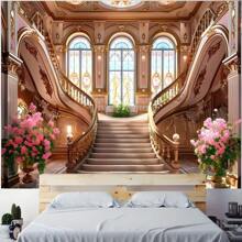 1 pièce Toile de fond de bannière en polyester avec un escalier de château luxueux et des fleurs, parfaite pour un photobooth, un anniversaire, une fête, des fournitures et une décoration pour les vacances, convient pour une utilisation intérieure et extérieure